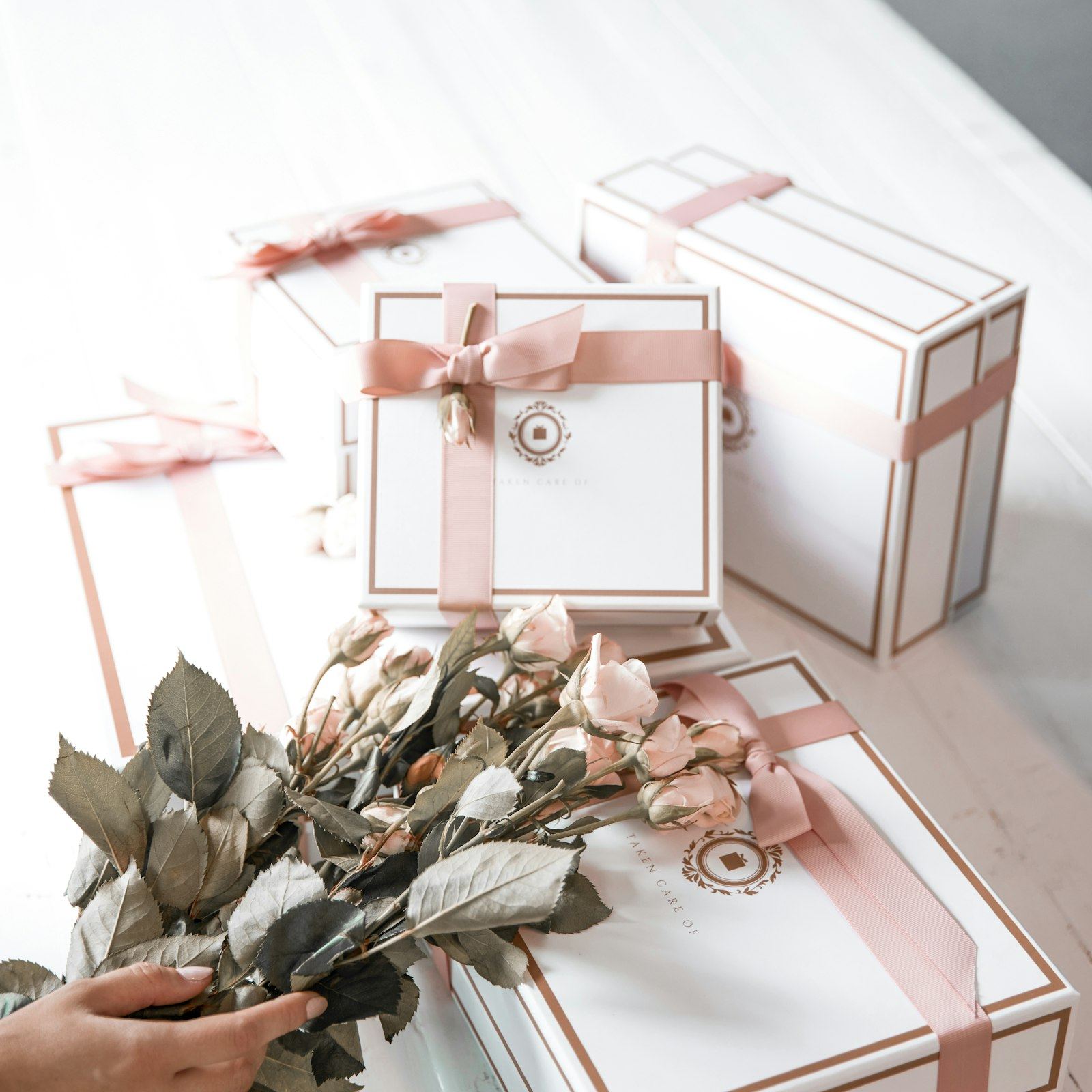 White gift boxes tied with pink ribbon beside dried roses